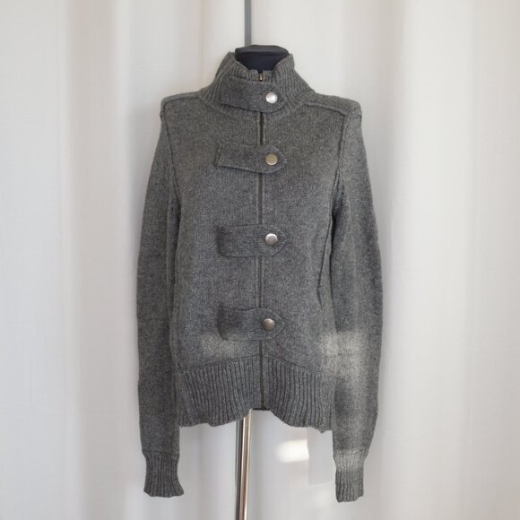 Vintage Y2K Banana Republic Lambswool Grey Military Sweater Cardigan Jacket Sz M - Picture 2 of 10